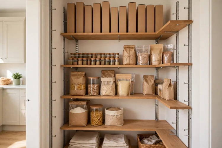 Adjustable pantry shelves with movable shelf pins