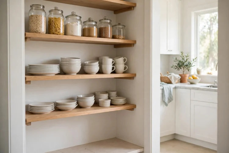Floating shelves in a small open pantry