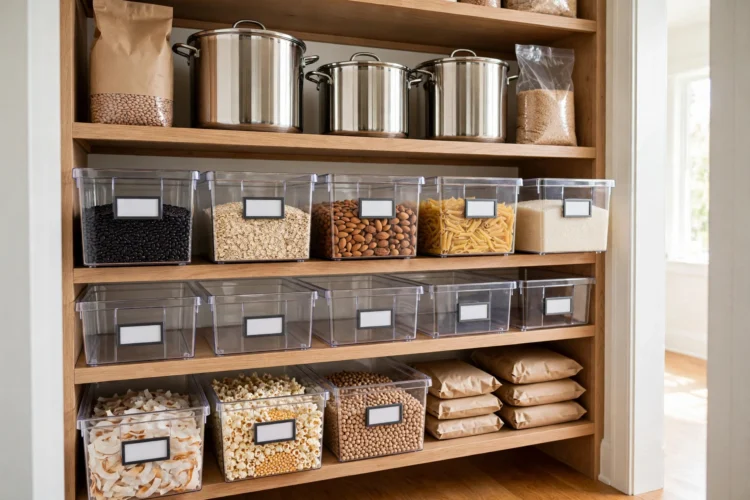 Deep pantry shelves with labelled storage bins