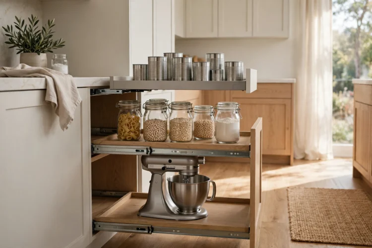 Pull-out pantry shelves on full-extension slides