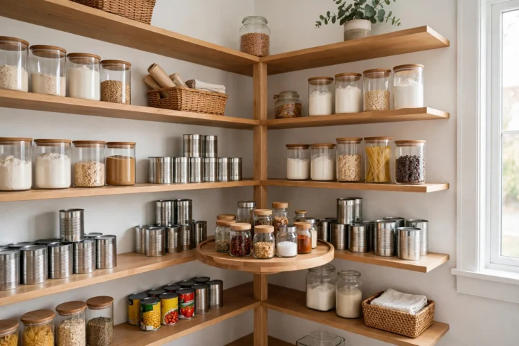 Corner shelving wrapping two pantry walls