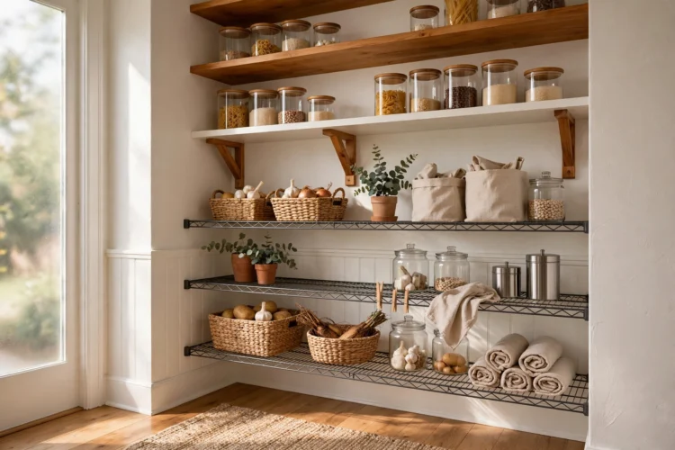Mixed wood and wire pantry shelving on a budget