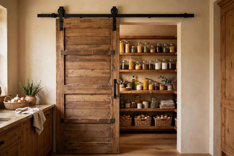 Sliding barn door on a black metal track in front of a kitchen pantry