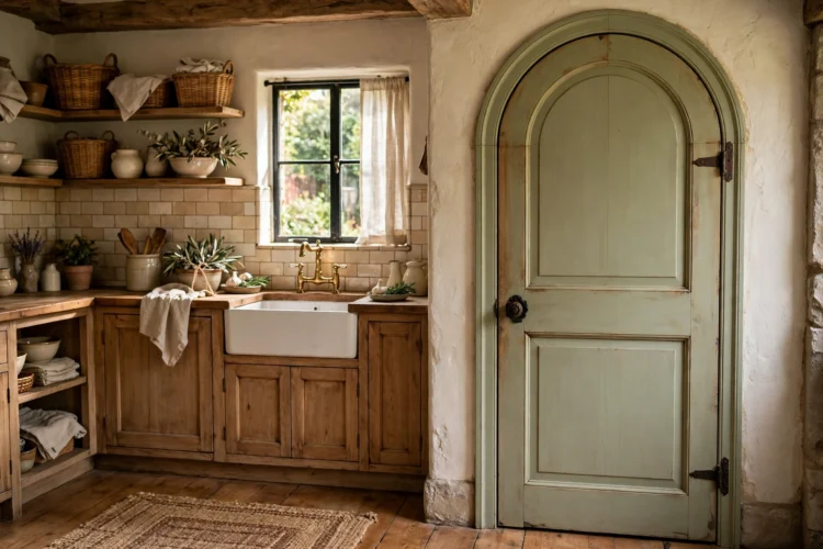 Arched pantry door in a cottage style kitchen