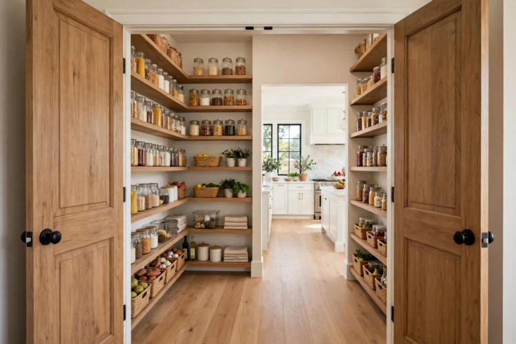Double pantry doors opened wide to show a walk-in pantry