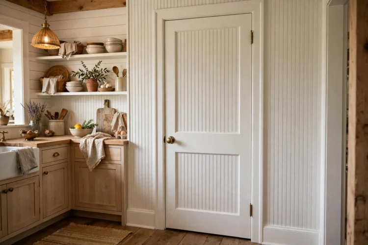 Beadboard pantry door in a farmhouse kitchen