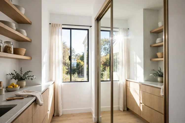 Mirrored pantry door reflecting light in a small galley kitchen