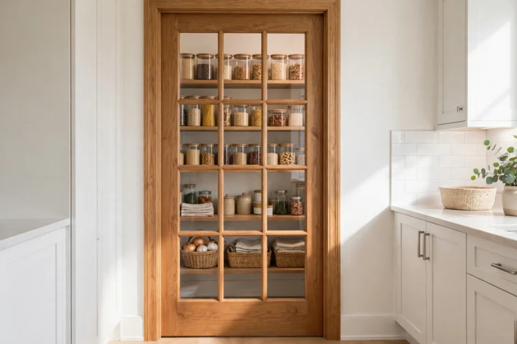 Glass pantry door with a wood frame showing neat shelves inside