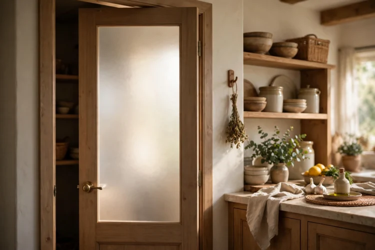 Frosted glass pantry door letting soft light into the kitchen