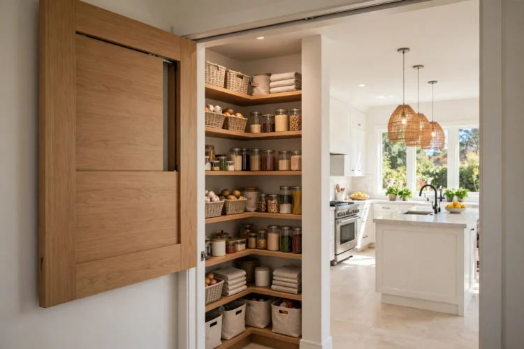 Pocket door slid open to reveal a tidy walk-in pantry