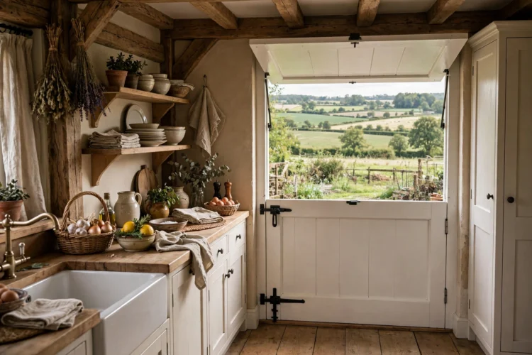 White Dutch door with the top half open in a farmhouse kitchen
