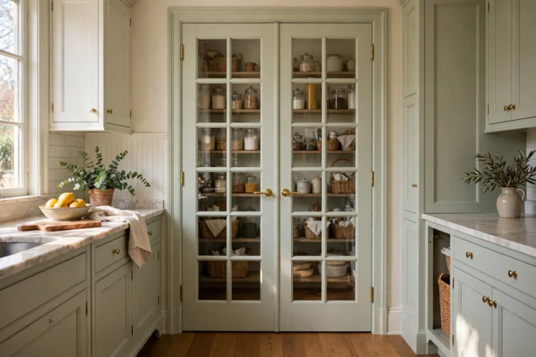 French pantry doors with divided glass panes in a classic kitchen