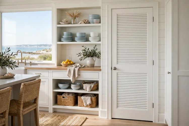 Louvered pantry door painted white in a coastal kitchen