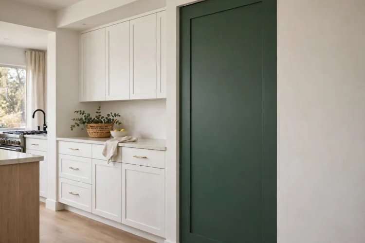 Flat slab pantry door painted deep green beside white cabinets