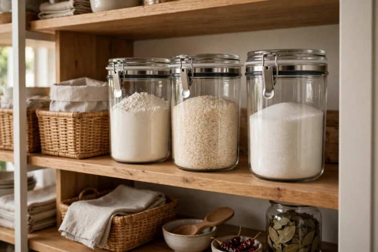 Airtight containers with flour rice and sugar on a pantry shelf