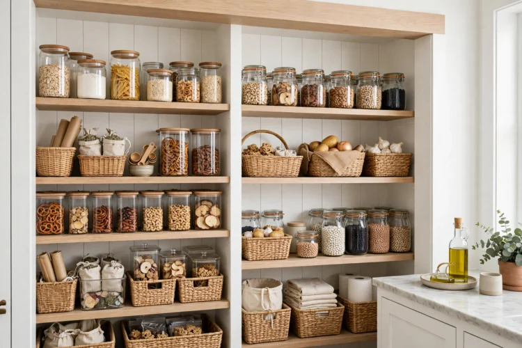 Pantry shelves organized into zones with labeled containers