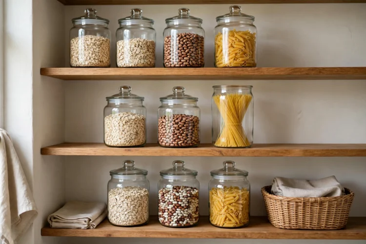 Clear glass jars with oats beans and pasta on open pantry shelves