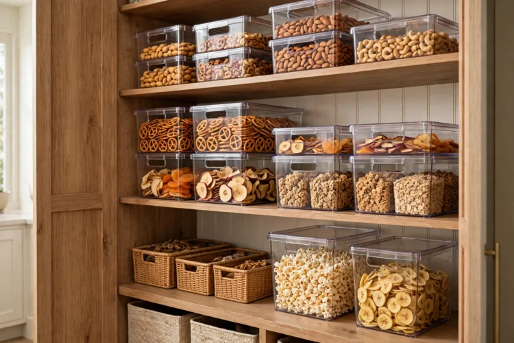 Stackable clear bins with snacks on a tall pantry shelf