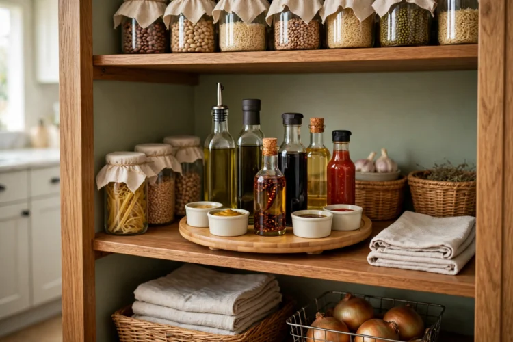 Turntable organizer with oils and sauces on a deep pantry shelf
