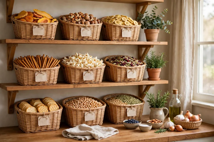 Labeled woven baskets with snacks on pantry shelves