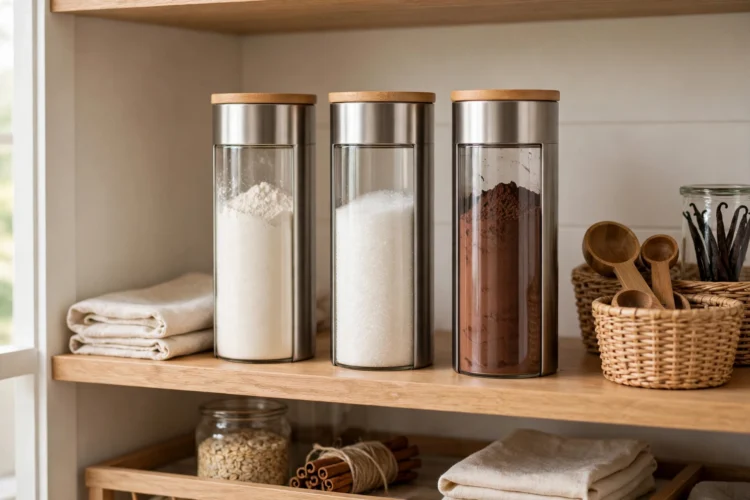Slim canisters with flour sugar and cocoa for baking supplies