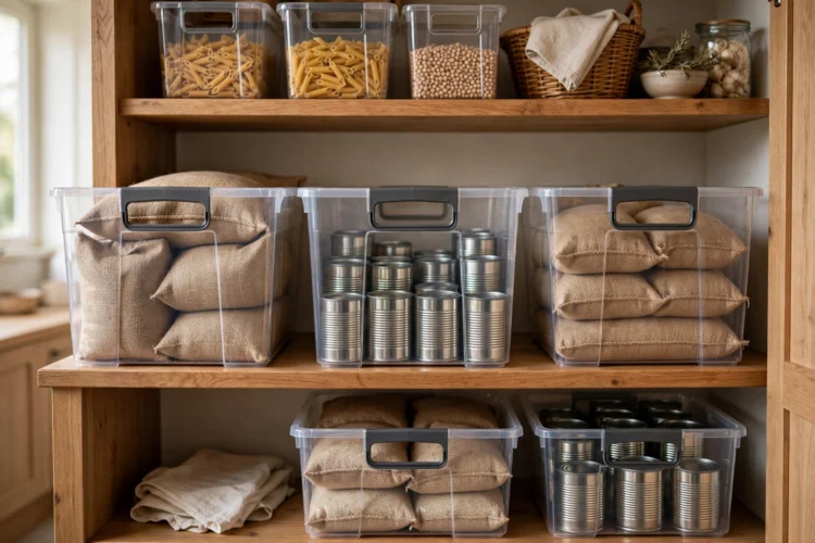 Clear bins with handles holding rice bags and canned goods