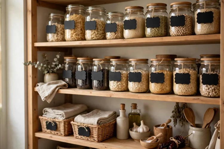 Chalkboard labels on glass jars in a tidy pantry