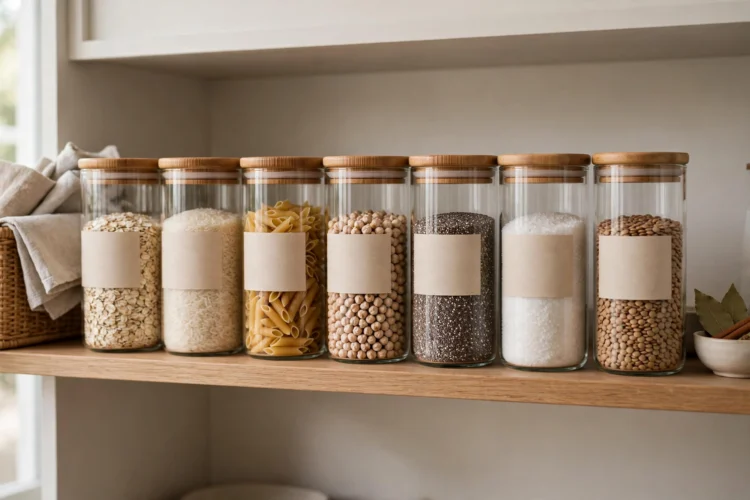 Printed labels on uniform pantry containers in a row