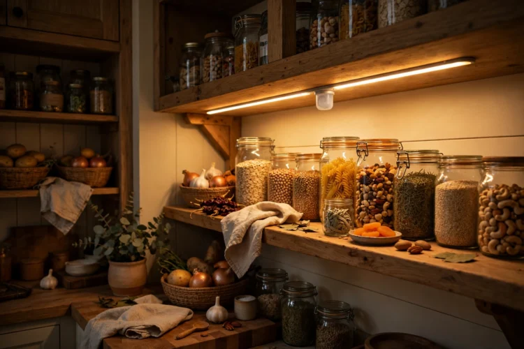 Motion sensor light strip glowing under a pantry shelf