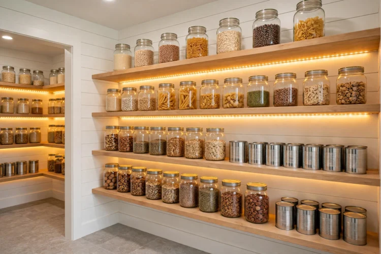 LED strip lights along pantry shelves showing jars and cans