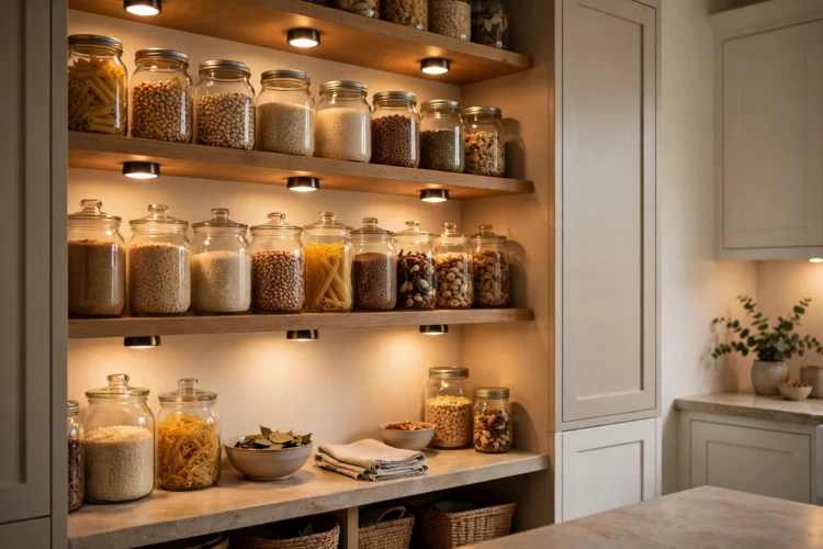 Small round puck lights mounted under pantry shelves