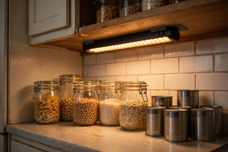 Battery light bar stuck under a pantry shelf in a rental kitchen
