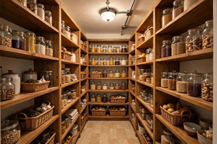 Hardwired ceiling light in a walk-in pantry with tall shelves