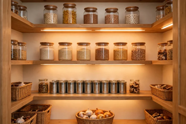 Under shelf light bars reaching the back wall of a pantry