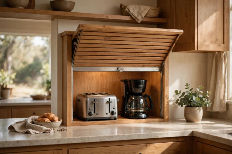 Roll-up tambour door appliance garage with toaster and coffee maker inside