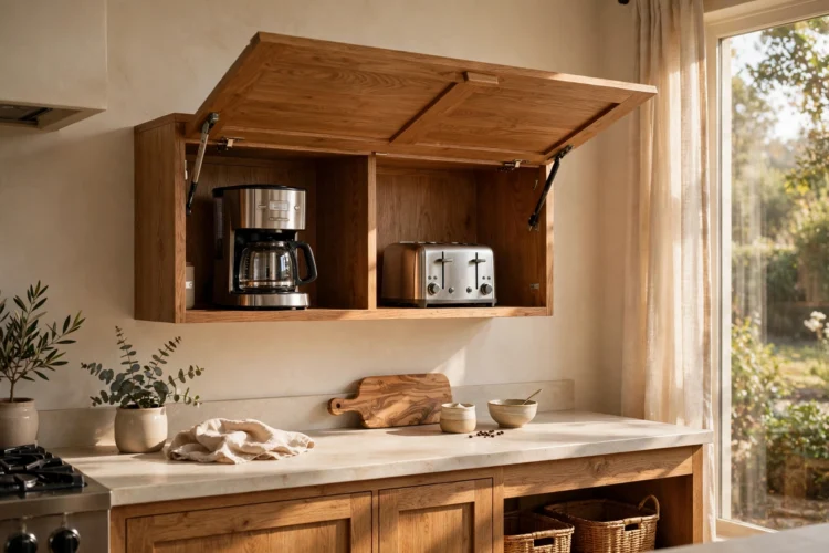 Lift-door appliance garage with the door swung up above the counter
