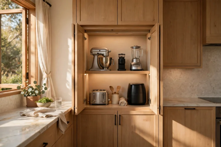 Appliance garage with pocket doors slid open showing small appliances
