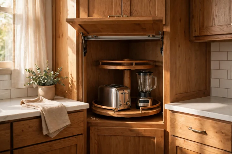 Appliance garage built into a corner kitchen cabinet with lazy Susan