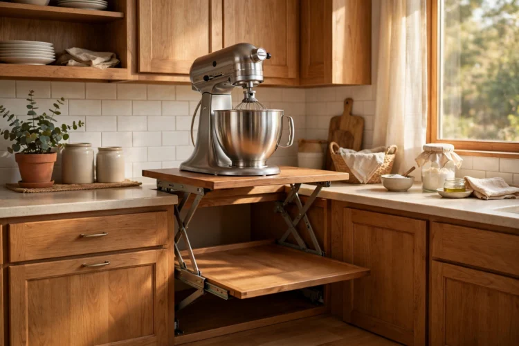 Stand mixer raised to counter height on an appliance lift shelf