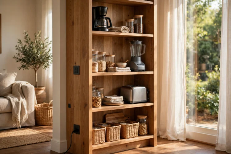 Tall pantry tower with outlets and small appliances on shelves