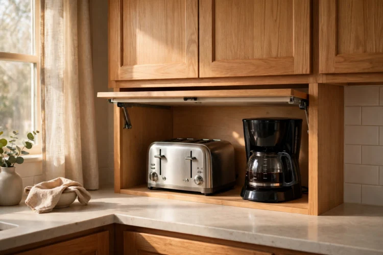 Shallow appliance garage fitted under upper kitchen cabinets