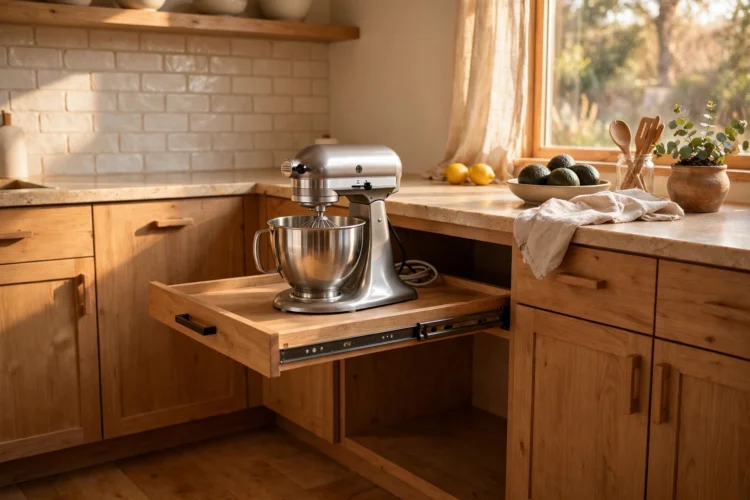 Pull-out shelf garage with a stand mixer slid out of a base cabinet