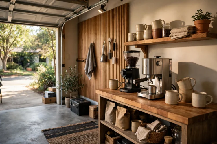 Coffee station garage with coffee maker grinder and mugs inside