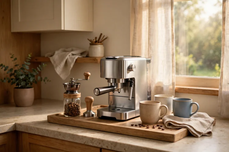 Countertop coffee bar on a tray with machine grinder and mugs