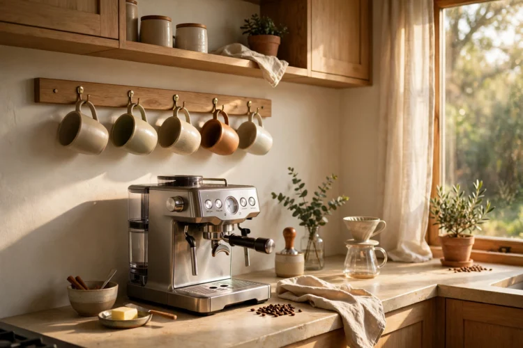 Wall-mounted rail with hanging mugs above a coffee machine