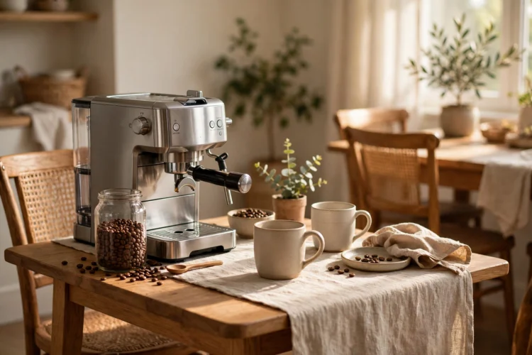 Coffee bar on a small table in the dining room