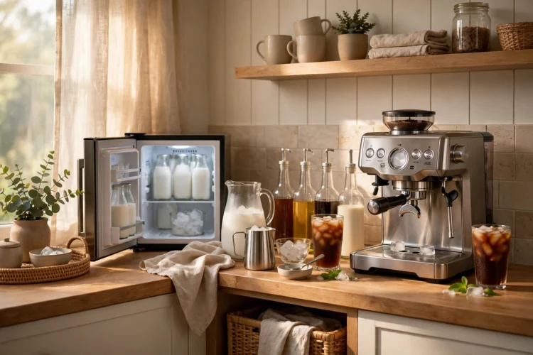 Coffee bar with a mini fridge and milk station for iced coffee