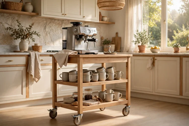 Rolling cart coffee bar with shelves for machine and mugs