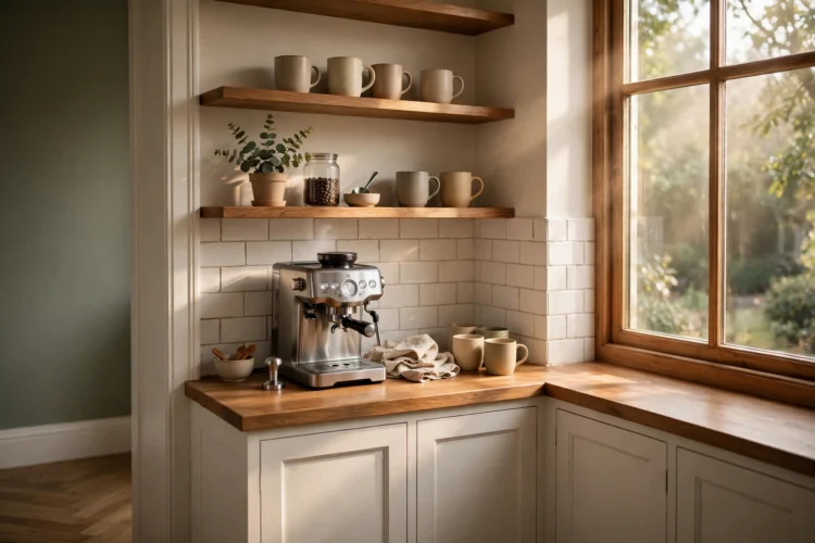 Built-in coffee nook in an unused kitchen corner with open shelves