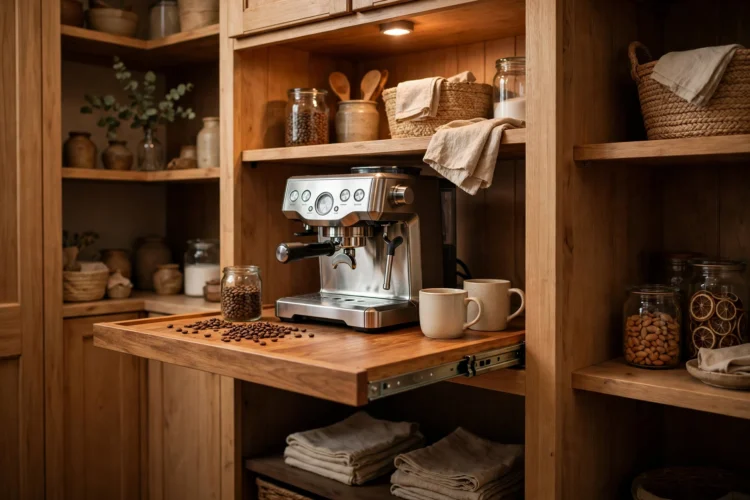 Coffee bar inside a pantry with a pull-out shelf for the machine